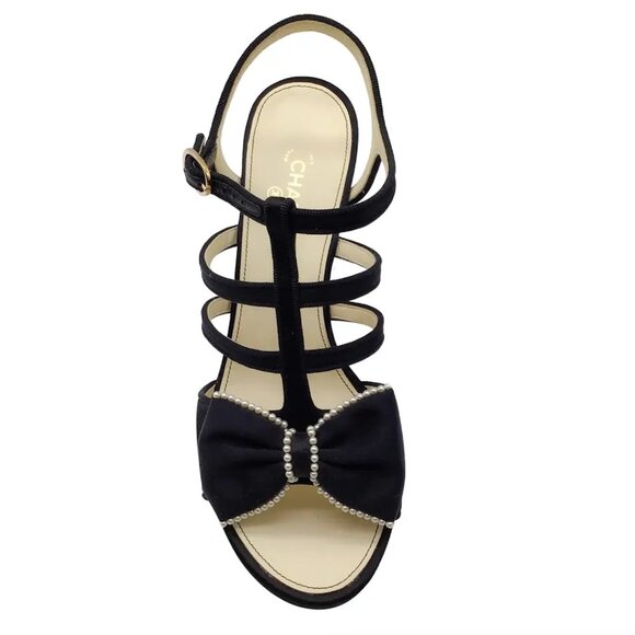 Brand New Chanel Black Pearl Embellished Bow Satin Sandals